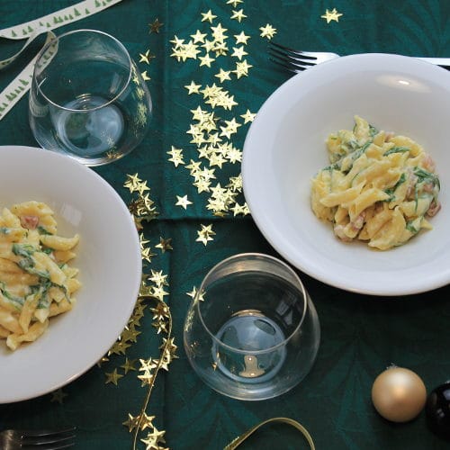 Garganelli con pancetta dolce, crema di patate e rucola - Ricette Selenella